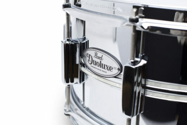Pearl DuoLuxe Chrome-over-Brass 14x6.5 Snare Drum with twin Nicotine White Marine Pearl Inlays