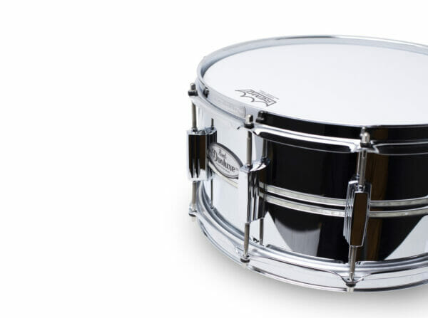 Pearl DuoLuxe Chrome-over-Brass 14x6.5 Snare Drum with twin Nicotine White Marine Pearl Inlays4